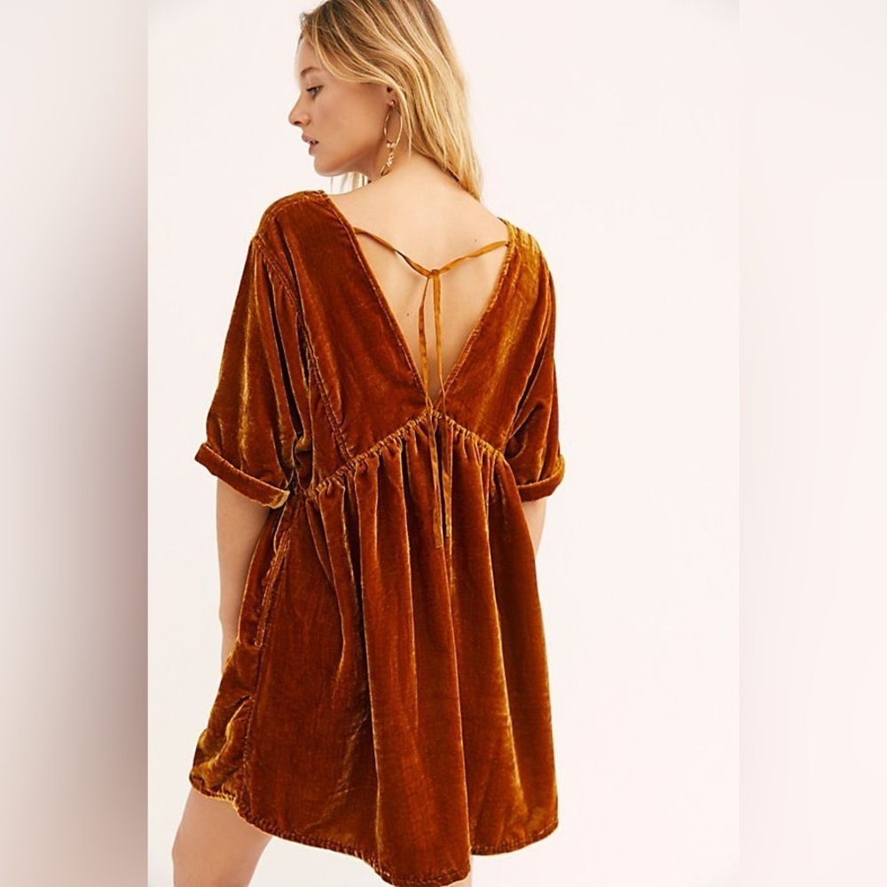 Free People CP Shades Crushed Velvet Boho Slouchy Deep V Mini T Shirt Dress